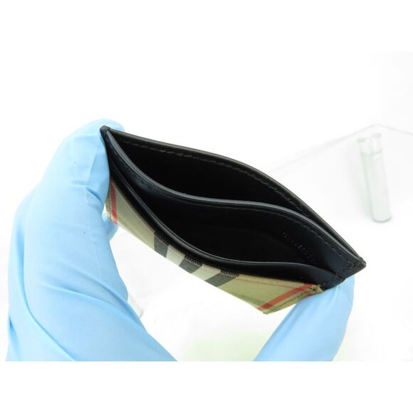 BURBERRY SANDON BEIGE CHECK CANVAS BLACK LEATHER LOGO CARD HOLDER CASE WALLET - Picture 3 of 10